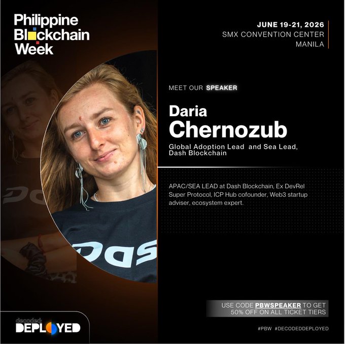 The image features a woman with blonde hair wearing a black shirt. The text on the poster reads "Meet our speaker Daria Chernozub Global Adoption Lead & Sea Lead, Dash Blockchain, Philippines at the SMA Convention Center Manila June 19 - 21 2016". The poster also includes an image of the woman and some text about the event.