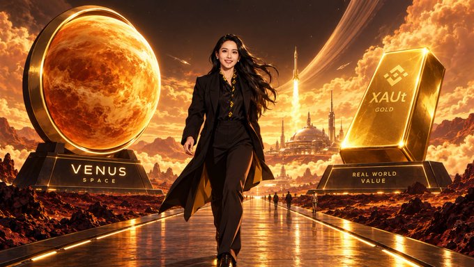 A confident woman walks down a glowing golden pathway on a Venus-like planet, flanked by a large sphere labeled "VENUS SPACE" and a gold bar inscribed with "XAut GOLD - REAL WORLD VALUE." The imagery ties directly to the post's promotion of $VenusCoin, symbolizing the project as a bridge between space-age ambition and tangible gold-backed value, while inviting viewers to "see you on Venus."