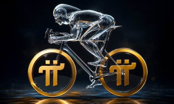 The image features a gold-colored bicycle with a person riding it, positioned against a black background. The bike's design and the rider's posture suggest they are racing or participating in an event related to Pi. The caption above the image reads "$PI - OPPORTUNITIES ARE NOT FOR THOSE WHO GIVE UP TOO SOON Pi is gradually opening up new opportunities for millions of holders worldwide". This implies that the bike and its rider are part of a larger movement, possibly involving Pi or cryptocurrency, where people can benefit from the opportunities created by these digital assets.