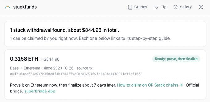 A screenshot from stuckfunds.com shows 1 stuck withdrawal of 0.3158 ETH (~$844.96) on the Ethereum Base chain since October 2023, ready to be claimed by proving and finalizing via superbridge.app—illustrating the "dead wallet" ETH recovery mentioned in the post.