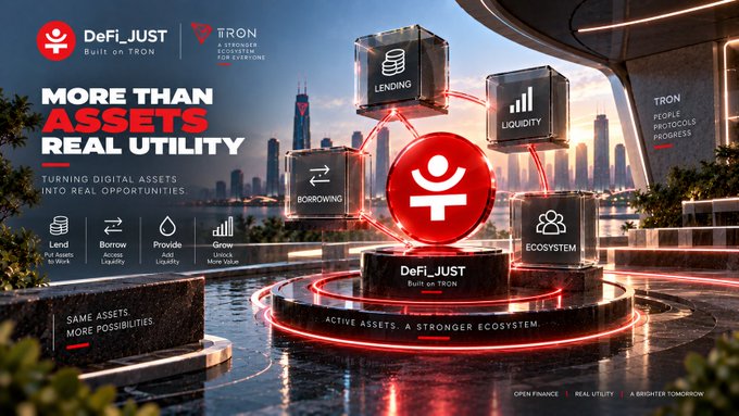 A promotional graphic for DeFi_JUST Built on TRON, with the tagline 'MORE THAN ASSETS REAL UTILITY' and icons for Lend, Borrow, Provide, Grow, and Ecosystem features.