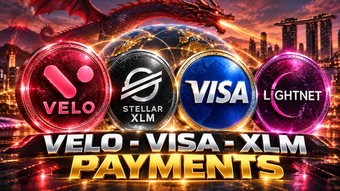 A vibrant promotional graphic featuring coins for VELO, Stellar (XLM), VISA, and LIGHTNET against a dragon and city skyline backdrop, advertising 'VELO-VISA-XLM PAYMENTS'.