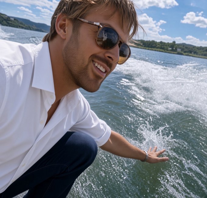 A smiling man in sunglasses leans over the edge of a boat, trailing his hand through the wake on a sunny day at sea. The image evokes carefree joy and possibility, visually echoing the post's message that financial abundance—like 10 BTC—can transform a heavy mood into one of lightness, freedom, and childlike delight.