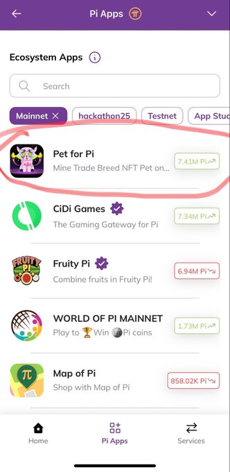 A mobile app screenshot of 'Pi Apps' showing the Ecosystem Apps section with a search bar and filters for Mainnet, hackathon25, Testnet, and App Studio. 'Pet for PI' (Mine Trade Breed NFT Pet) is circled in red at 7.41M Pi, followed by CiDi Games (7.34M Pi), Fruity Pi (6.94M Pi), WORLD of PI MAINNET (1.73M Pi), and Map of Pi (858.02K Pi).