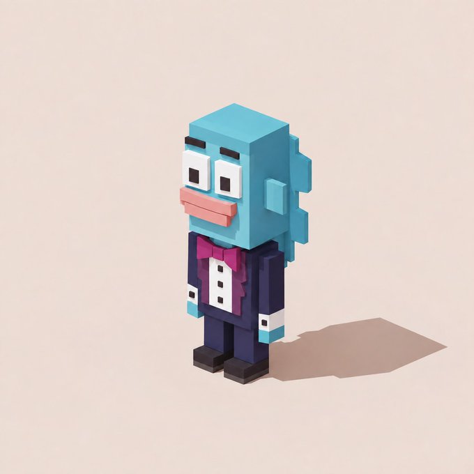 A 3D voxel-style figure of a blue anthropomorphic character with a duck-like bill, wearing a dark blue tuxedo with a pink bowtie and white shirt.