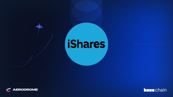 A dark blue promotional graphic featuring the 'iShares' logo in a glowing blue circle, with 'AERODROME' branding at the bottom left and 'chain' logo at the bottom right, alongside a small airplane graphic.