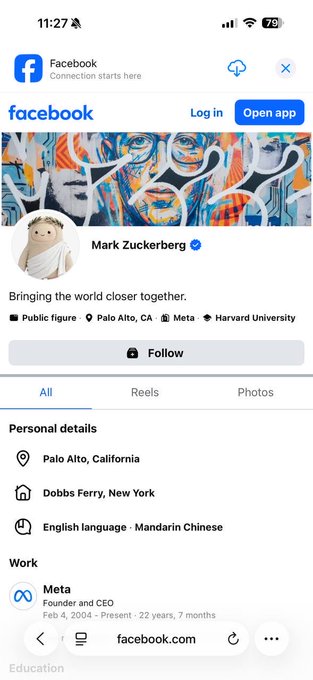 A mobile screenshot of Mark Zuckerberg's verified Facebook profile, showing his bio 'Bringing the world closer together' and listed locations including Palo Alto, California and Dobbs Ferry, New York.