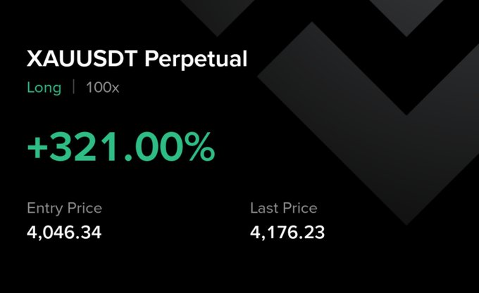 The image displays a trading position card showing a long XAUUSDT Perpetual (gold) trade at 100x leverage with a +321.00% gain, with an entry price of 4,046.34 and last price of 4,176.23, supporting the post's claim of being a "jack of all trades" by showcasing a successful forex/gold trading win.