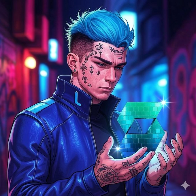 A stylized digital illustration of a blue-haired man with face and hand tattoos holding a glowing, impossible triangle (Penrose triangle) in a neon-lit urban setting.