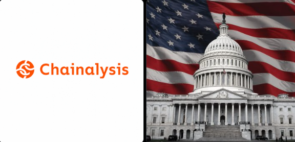 A graphic displaying the orange Chainalysis logo next to an image of the U.S. Capitol building with an American flag backdrop.