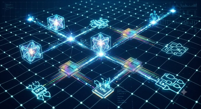 A digital illustration shows interconnected glowing nodes and geometric shapes on a grid, including icons labeled 'CPU' and 'GPU' connected by light beams representing a network or blockchain.