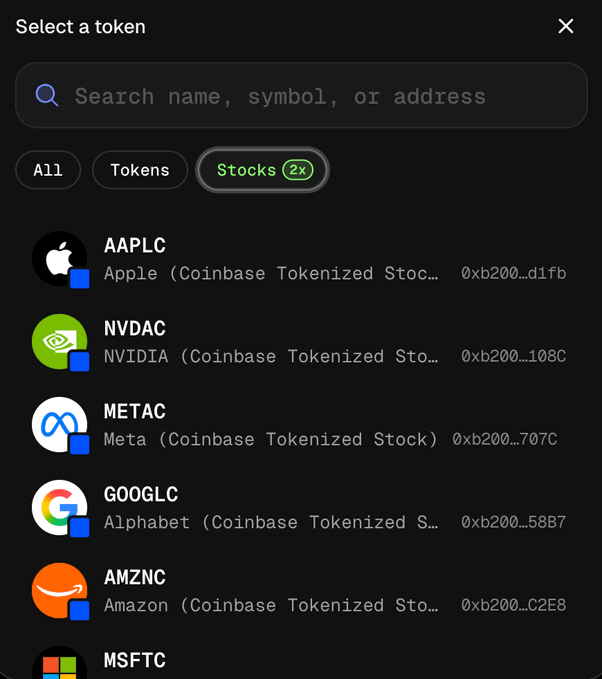 A dark-themed token selection interface from a crypto exchange, showing filter tabs for All, Tokens, and Stocks (2x), with a list of Coinbase tokenized stocks including AAPLC (Apple), NVDAC (NVIDIA), METAC (Meta), GOOGLC (Alphabet), AMZNC (Amazon), and MSFTC.