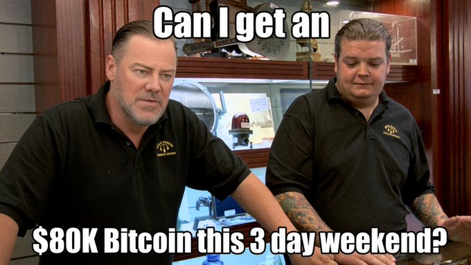 Two men in matching black polo shirts with logos stand behind a counter in what appears to be a pawn shop, with bold text overlay reading "Can I get an $80K Bitcoin this 3 day weekend?" The image humorously mimics a counter offer at a pawn shop, playing off the post's anticipation of Bitcoin reaching $80K over the long weekend.