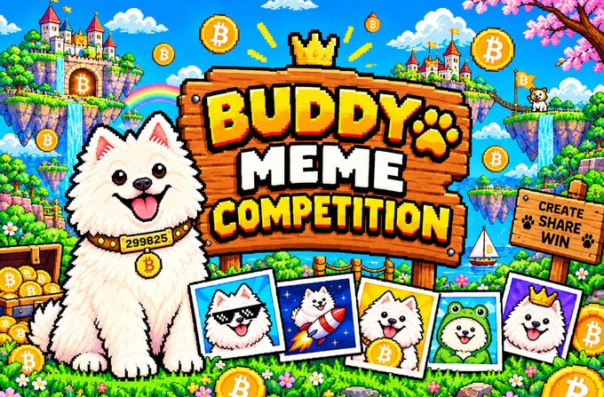 A colorful cartoon graphic advertises a 'BUDDY MEME COMPETITION' with various characters, castles, and Bitcoin symbols, encouraging users to 'CREATE SHARE WIN'.