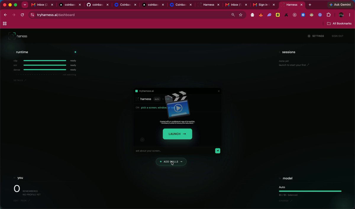 The image shows a computer screen displaying a webpage with a movie trailer, possibly for a new film or TV show. The website has a dark background and features a green button that says "LINK" at the bottom of the page. There is also a small text box on the right side of the screen that reads "Have you tried Harness yet? It' s pretty incredible and it' s being built by @saltorious1 from @bankrbot and it' s still at 150k." The image seems to be related to the post about Harness, as it features a movie trailer on a webpage.