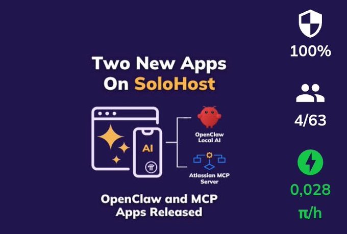 A digital graphic with a dark purple background announcing "Two New Apps On SoloHost" featuring "OpenClaw Local AI" and "Atlassian MCP Server," alongside status icons showing 100% security, 4/63 users, and 0.028 π/h.