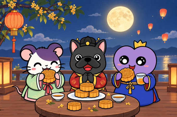 Cartoon illustration of a mouse, French bulldog, and purple bear in traditional Chinese attire enjoying mooncakes under a full moon with lanterns and osmanthus blossoms.