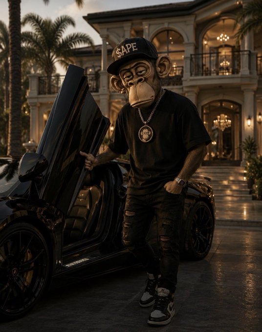 A figure wearing a monkey mask, black "SAPE" cap, and ripped jeans steps out of a luxury sports car in front of a grand mansion, channeling Bored Ape vibes — matching the post's "$APE" theme of wealthy crypto bros reacting to gains.
