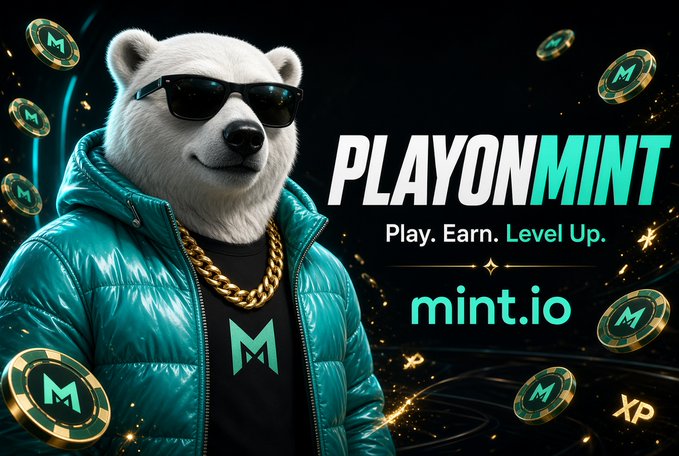 An advertisement for 'PLAYONMINT' featuring a polar bear wearing sunglasses and a gold chain in a teal jacket, with the tagline 'Play. Earn. Level Up.' and the website mint.io.