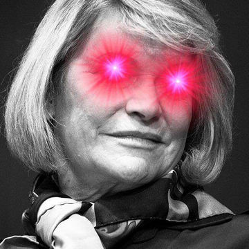 A black-and-white portrait of Senator Cynthia Lummis has been edited with glowing pink/red laser beams emanating from her eyes, giving her an intense, powerful appearance. The image visually reinforces the urgency in the quote about the CLARITY Act, portraying her as a determined advocate ready to push the legislation forward.