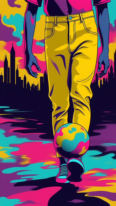 A vibrant pop art illustration of a person wearing yellow pants and dark shoes standing with a multicolored soccer ball at their feet, set against a colorful cityscape.