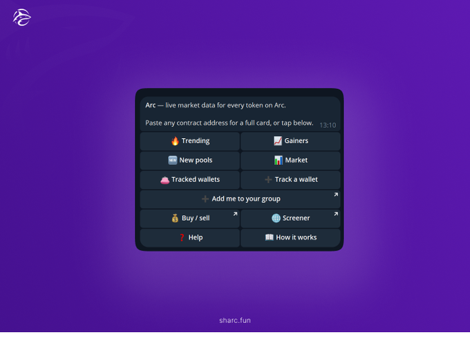A screenshot of the Arc tracker bot's Telegram menu on a purple background, displaying options like 🔥 Trending, 📈 Gainers, 🆕 New pools, 📊 Market, 🐳 Tracked wallets, ➕ Track a wallet, ➕ Add me to your group, 💰 Buy / sell, 🔵 Screener, ❓ Help, and 📘 How it works, with the URL sharc.fun at the bottom.