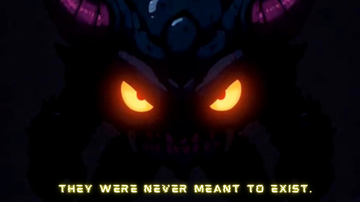 The image features a close-up of a monster with glowing red eyes, giving it an intense and eerie appearance. The monster's face is illuminated by a bright yellow light, making its features stand out against the dark background. Below the monster's face, there is text that reads "They were never meant to exist." This message adds a sense of mystery and intrigue to the scene, as if the monster itself is speaking directly to the viewer. The combination of the glowing eyes, the bright light illuminating the monster's face, and the accompanying text creates an engaging and captivating visual experience for the audience.