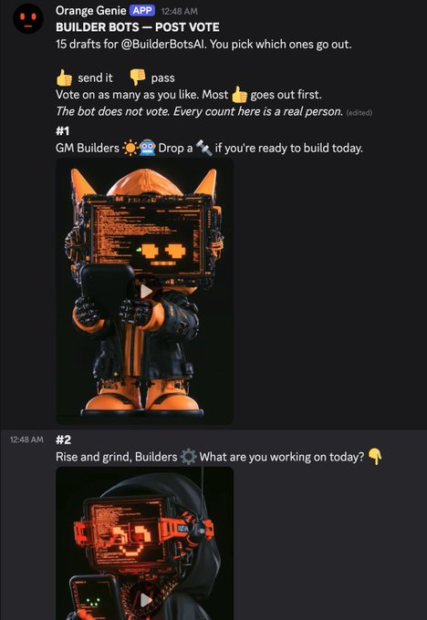 A Discord post from 'Orange Genie' titled 'BUILDER BOTS — POST VOTE' featuring two robot character drafts, with instructions to vote with thumbs up or thumbs down on as many as you like.