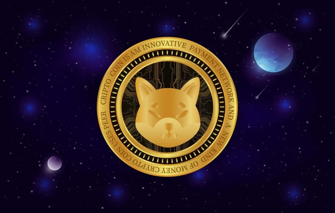 A gold cryptocurrency coin featuring a Shiba Inu dog face against a cosmic background with stars and planets, inscribed with 'DEER CRIPTO COIN IS AN INNOVATIVE PAYMENT NETWORK AND A NEW KIND OF MONEY'.