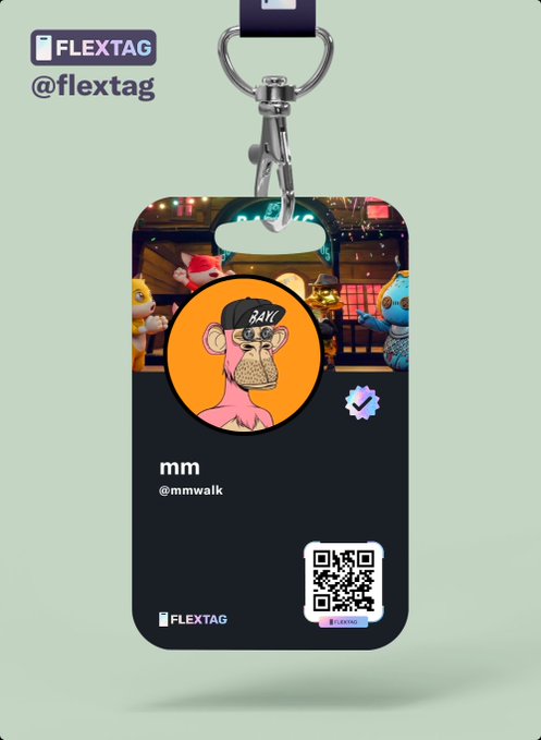 A Flextag digital ID card displays a cartoon monkey NFT avatar with the username 'mm' (@mmwalk) and a QR code.