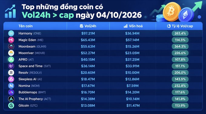 A Vietnamese crypto market table titled 'Top những đồng coin có Vol24h > cap ngày 04/10/2026' listing coins like Harmony (ONE), Magic Eden (ME), and Moonbeam (GLMR) with their 24h volume, market cap, and Vol/Cap ratios.