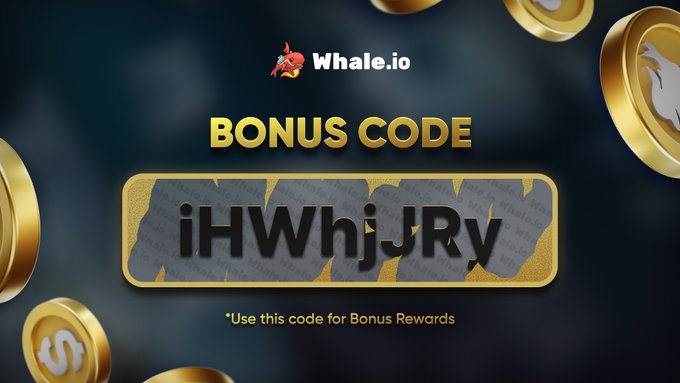 A promotional graphic for Whale.io displays a golden "BONUS CODE" banner featuring the code "iHWhjJRy," surrounded by floating gold coins on a dark background, with text prompting users to "Use this code for Bonus Rewards" to claim the midweek $10 bonus offer.