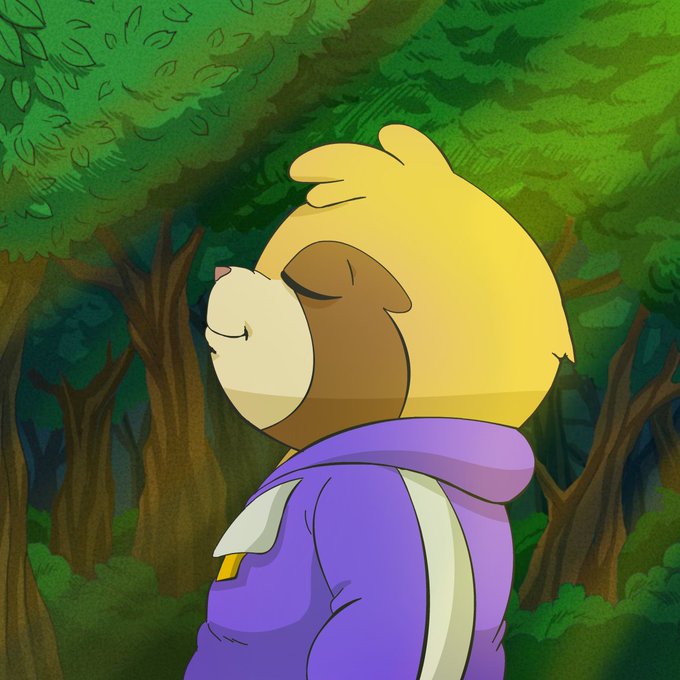 An animated side-profile illustration of a bear character with blonde hair wearing a purple hoodie, standing in a lush green forest with trees and foliage in the background.