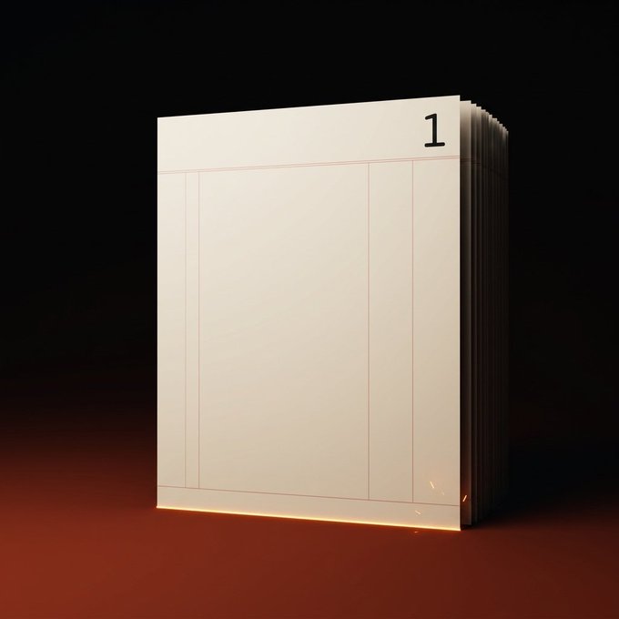 A stack of blank white papers or cards with red border lines and the number '1' in the top right corner, resting on a reddish surface with dramatic lighting.
