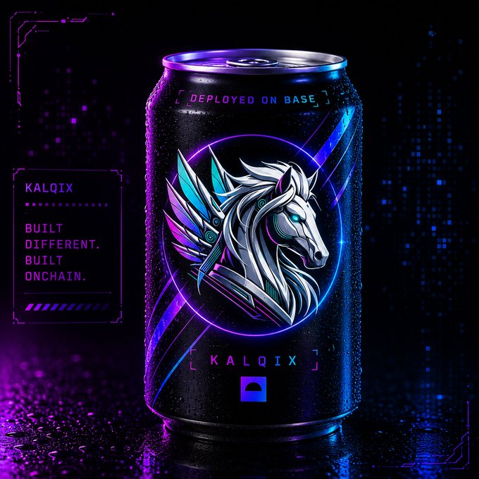 The image features a black can of soda that has been altered with neon green, purple, and blue lights. The can has an illustration of a white horse on it, which adds a whimsical touch to its appearance. The text "KalqiX" is written in large letters on the can, indicating that this is a brand or product associated with this brand.