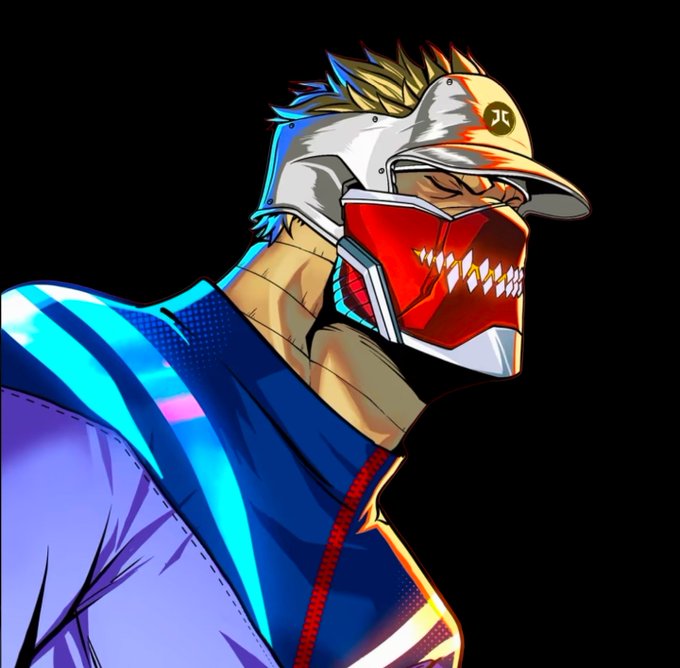 An anime-style character wearing a red and white baseball cap with a 'π' symbol, a red face mask with sharp teeth, and a blue and red jacket.