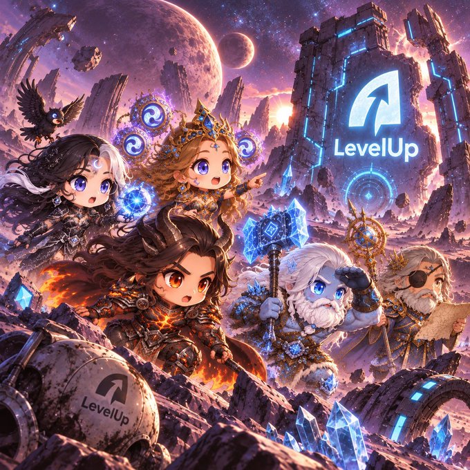 A fantasy gaming artwork featuring chibi-style characters in a cosmic setting with floating planets and glowing blue crystals. The 'LevelUp' logo is prominently displayed on a stone archway.