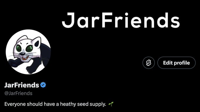 A social media profile for 'JarFriends' (@JarFriends) with the bio 'Everyone should have a healthy seed supply.' featuring a cartoon cat illustration.