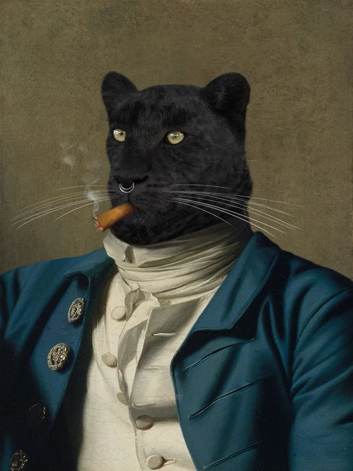 The image features a black panther wearing a blue coat, holding a cigar in its mouth. The panther appears to be dressed as a gentleman or a man of high social standing, possibly from an earlier era. The background is a dark brown color that contrasts with the white collar and jacket worn by the panther. There are no texts present in the image, but there is a caption that reads "Enough and we make it happen... #FlareNetwork #NFTs".