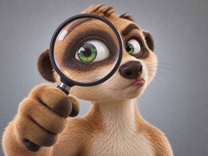 An animated meerkat character with green eyes holds up a magnifying glass to look closely at something.