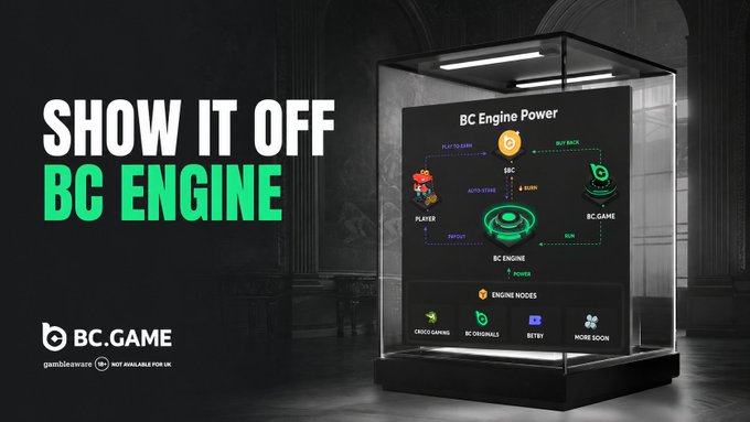 The image shows a display case featuring a poster with a cartoon image of an engine surrounded by various gaming elements such as coins and buttons, set against a dark background and illuminated by white lights, indicating that this could be a showcase for a BC Engine game. The phrase "show it off BC engine" is displayed above the engine, along with text promoting a new game release.

The poster contains information about the game, including details such as reward tracking system and gameplay mechanics. Additionally, there are descriptions of different elements within the game. The image also features a watermark that reads "bccgame".