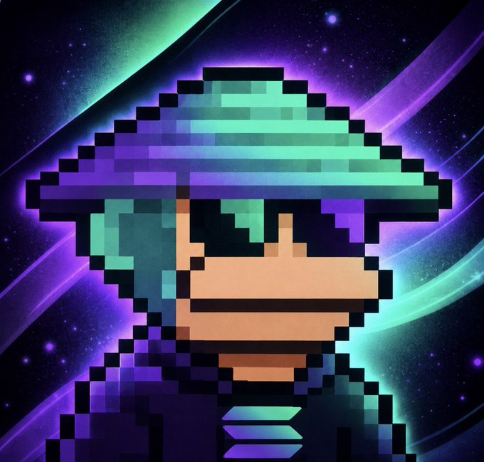 A pixel art character with a teal and purple hat is shown against a cosmic purple and green background, representing a meme-style "GM" (good morning) greeting directed at the Solana community, with the vibrant, futuristic aesthetic evoking the blockchain's energetic builder culture.