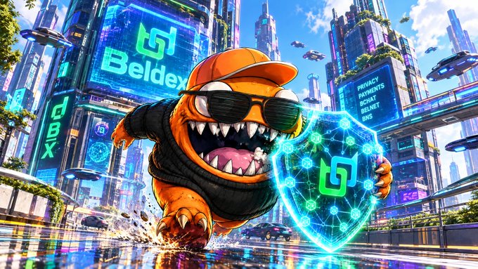 A digital illustration shows an orange dinosaur character in sunglasses holding a glowing blue shield with the "Beldex" logo, set in a cyberpunk city.