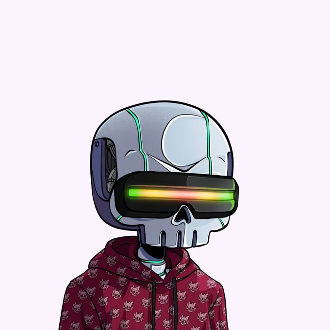 A cartoon illustration of a skull character wearing a futuristic VR headset with a glowing multicolored visor and a maroon hoodie patterned with small pig faces.