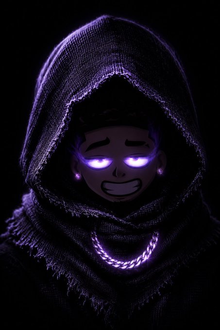 A stylized cartoon character in a dark hooded cloak with glowing purple eyes and a matching glowing chain necklace against a black background.