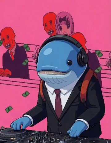 The image features a character with a blue whale head wearing a suit, tie, and backpack while sitting at a desk with a computer keyboard. The setting appears to be related to gaming or animation, as there are references to being a DJ or music producer in the background along with people dressed like sharks on stage. The post suggests that the character is involved in some form of digital currency trading or gaming, possibly using Ether (ETH) instead of Bitcoin (BTC).