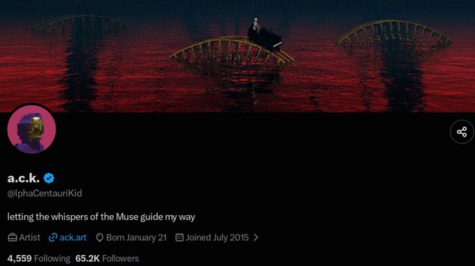 A Twitter/X profile for a.c.k. (@phaCentauriKid) with the bio "letting the whispers of the Muse guide my way" and an artwork header showing dark bridges over red water.
