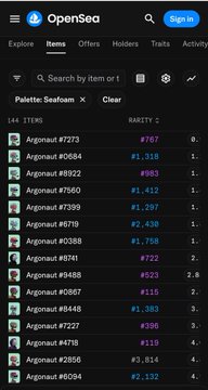 A screenshot of the OpenSea NFT marketplace showing a list of items from the "Seafom" collection, including "Argnaut #7273" priced at 767 ETH and others.