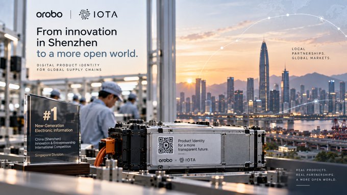 Advertisement for oro | IOTA partnership with text 'From innovation in Shenzhen to a more open world' featuring a cityscape and industrial technology imagery.