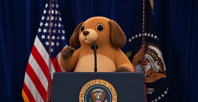 An animated brown dog character stands at the Presidential podium with the Seal of the President of the United States, flanked by the American flag and presidential flag.